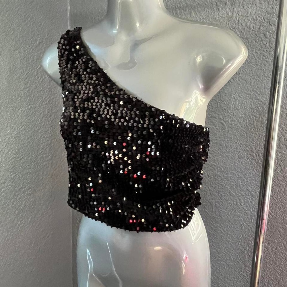 Asymmetrical Black Sequin Crop Top